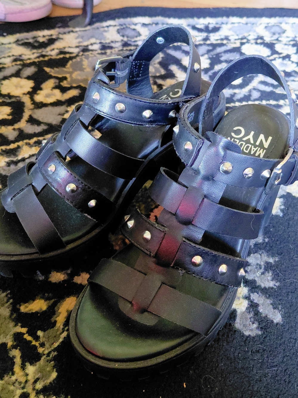 Madden NYC Black Studded Gladiator Chunky Heels